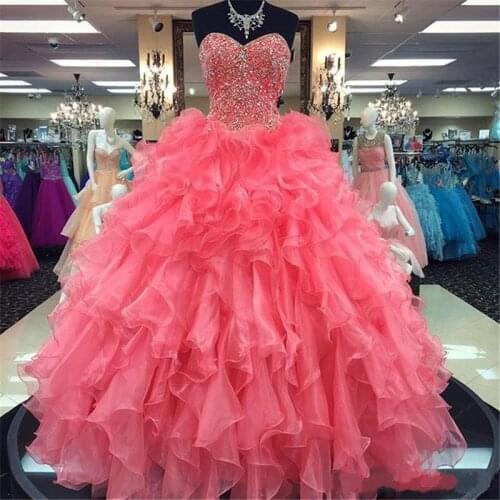 Newest Ball Gown Quinceanera Dresses Beaded Ruffles Lace up Back Organza Sweetheart Neck Princess Sweet 16 Dresses