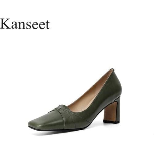 Kanseet 2021 New Women Pumps Spring Autumn Black Green Genuine Leather Fashion Handmade Footwear Square Toe High Heels Shoes