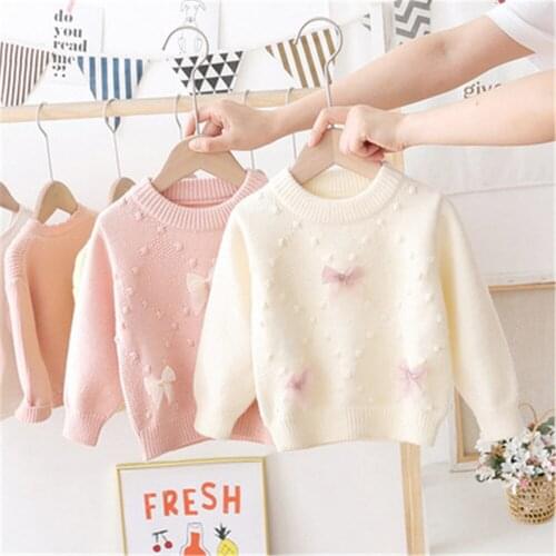2021 Autumn Winter Girls Bow Knitted Sweater Baby Kids Thick Keep Warm Long Sleeve Tops Toddler Childrens Pullover AA5446