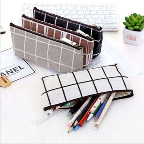 Geometric Canvas Pencil Case Simple Striped Grid Solid Color Cute Kawaii Kids Students Pencil Bag Pouch Office School Supplies