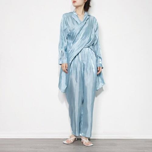 Casual Women Sets Solid Color Consice One Piece Wrap Shirt Top + Elastic Waist Pants Chic Clothing Set