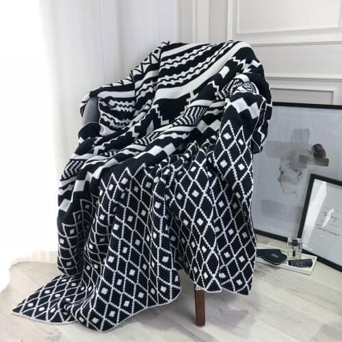 REGINA Nordic Style Blanket Classic Black White Geometric Pattern 100% Cotton Knitted Throw Blanket Home Decor Sofa Chair Cover
