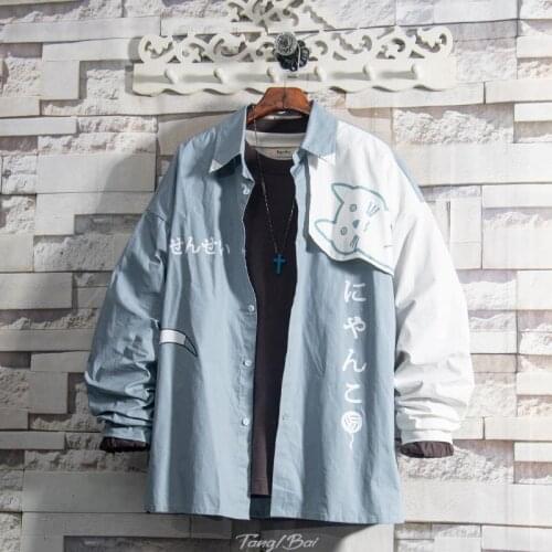 Cotton Cute Cat Print Shirts Men Casual Autumn Long Sleeve Shirt Homme High Street Male Harajuku Loose Tops Punk Funny Shirt