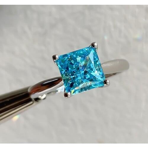 S925 Sterling Silver Aquamarine Color High Carbon Diamond Radiant Cut Princess Square Ring Main Stone 7*7 Woman Engagement Gift