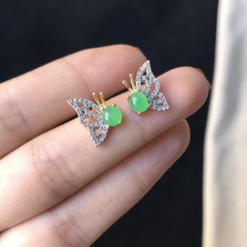 Natural Hetian Jade Jadeite Diamond Butterfly Stud Earrings Romantic Fresh and Beautiful Womens Brand Silver Jewelry