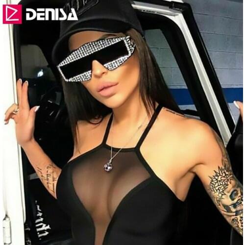 DENISA Shining Imitation Diamond Shield Sunglasses Women Men Diamond Decoration Square Glasses Men UV400 oculos masculino G5725