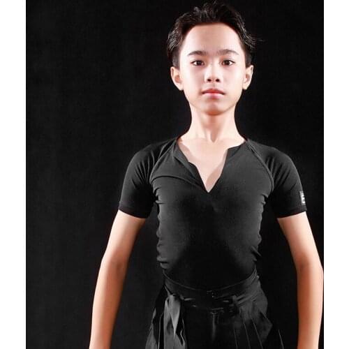 Latin Dance Top Boys Summer Short Sleeve V-Neck Shirts Children Salsa Tango Cha Cha Rumba Samba Competition Stage Wear DQS4952