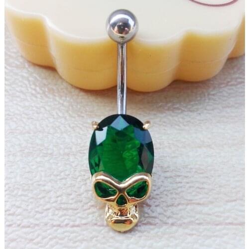 Zircon crystal skull belly button bar navel piercing jewelry stainless medical steel green blue red clear body piercing jewelry
