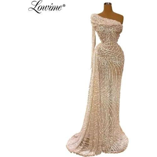 See Through Sequin Party Dresses One Shoulder Evening Dress Middle East Long Prom Dresses Kaftans Couture African Girl Dresses