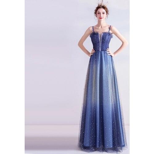 Evening Dresses Illusion A-Line Strapless Pleat Sequined Backless Lace Tulle Spaghetti Strap Luxury Blue Women Formal Gown TS013