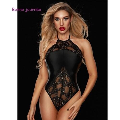 High Quality Sexy Costumes Exotic Halter Patent Leather Sleeveless Black Lace Sexy Lengerie Femenina Bodysuit Pole Dancewear