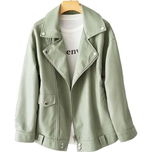 2021 New Faux Leather Jacket Women Spring And Autumn Beige Black Loose Clothes Korean Lapel Fashion Casual PU Leather Coat N996