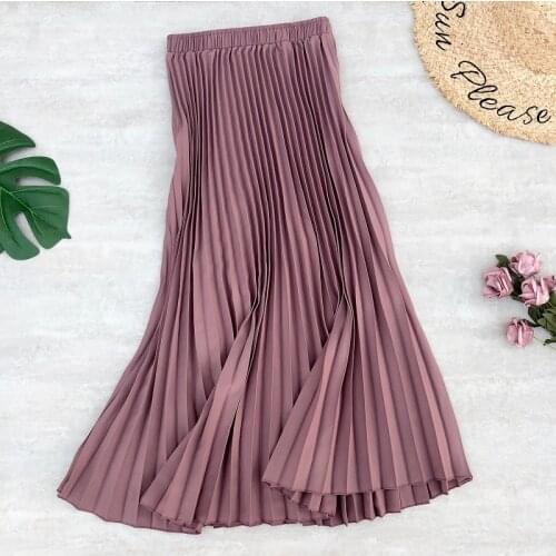 Women Midi Skirts Chiffon Pleated High Waist Long Skirts Solid Color Spring Summer Daily Casual Style Womens Skirt Jupe Femme