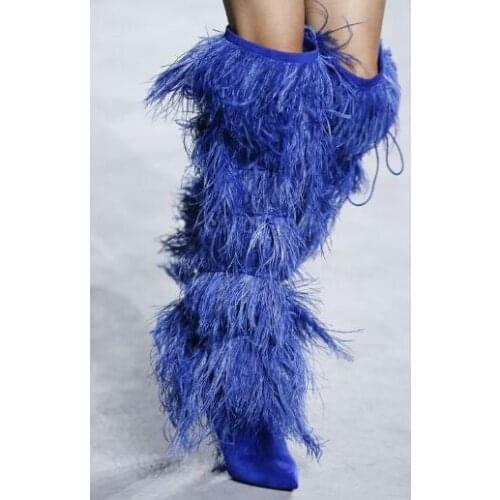 Moraima Snc Woman Sexy Feather Fringed Boots Pointed Toe Over-the-knee High Heel Boots Runway High Quality Dress Boots