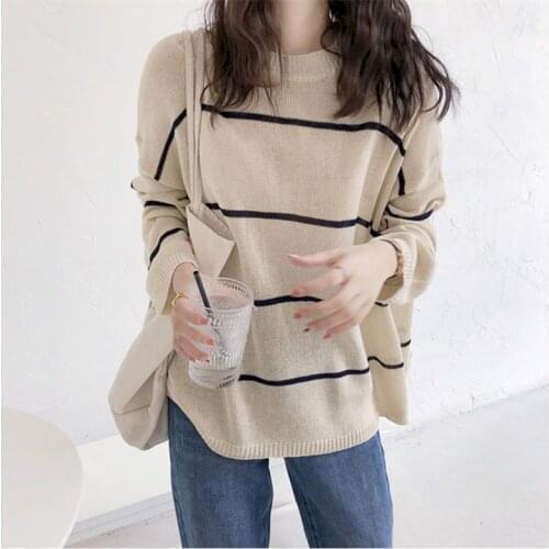 2021 Spring Autumn New Plus Size Womens Lazy Striped Sweater Loose Pullover Womens Oversize Knit Sweater Fashion Female Clothes