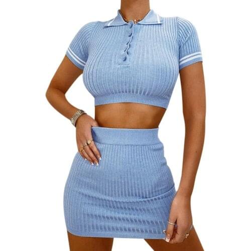 80% HOT SALES！！！Women Ribbed Short Sleeve Turndown Collar Crop Top Mini Bodycon Skirt Outfit
