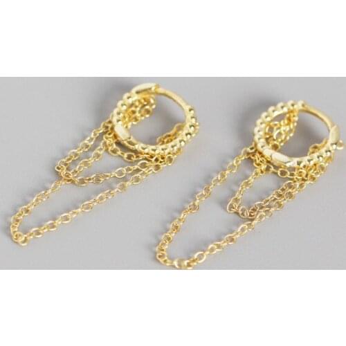 1PAIR 100% Authentic 925 Sterling silver Gold White CHAIN hoop Huggie earrings Tassel FINE jEWELRY TLE684