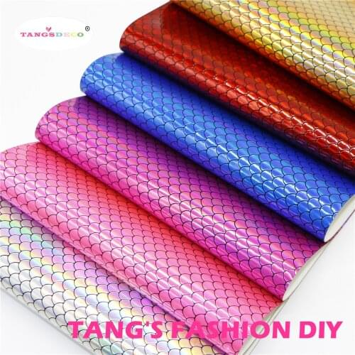 18pcs--20x22cm DIY Hair Bow Material Laser Color Shiny Fish Skin Shape PU Synthetic Faux Leather
