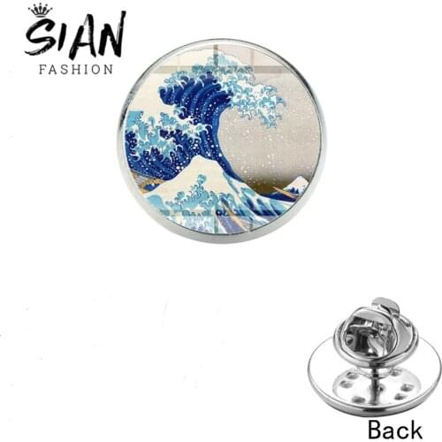 SIAN The Great Wave Stainless Steel Brooch Big Blue Waves At Kanagawa Art Photo Glass Round Backpack Pins Badge Sea Surfer Gift