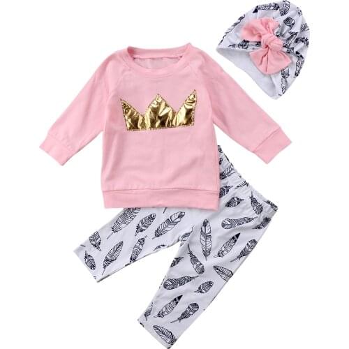 Adorable Toddler Kid Baby Girl Pink Crown Tops T-shirt +Pants Clothes Outfits Hat 3pcs Size 0-4T