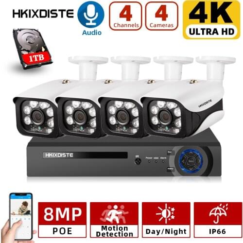 H.265 4K 4CH CCTV System HD POE NVR 8MP Home Security Audio Waterproof Outdoor Day/Night Vision IP Camera Video Surveillance Kit