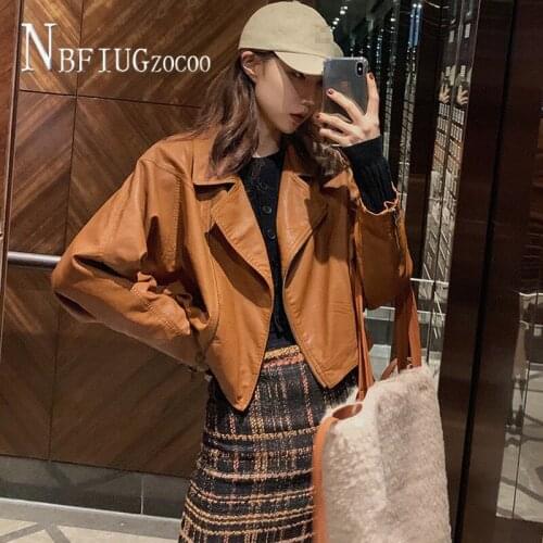 Caramel Black Faux Leather Jackets Zipper Basic Coat Lapel PU Motorcycle Jackets