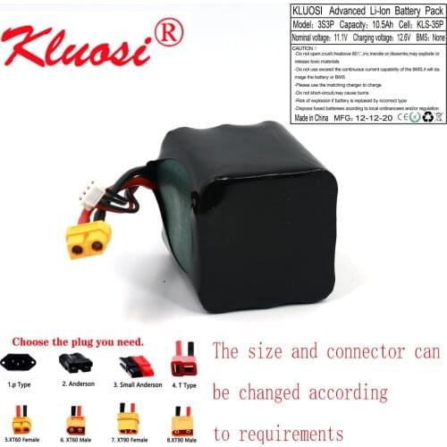 KLUOSI 3S3P 12V 10.5Ah 10Ah High Capacity UAV Rechargeable 12.6V Li-ion Battery for Various RC Airplane Quadrotor XH2.54-4P XT60