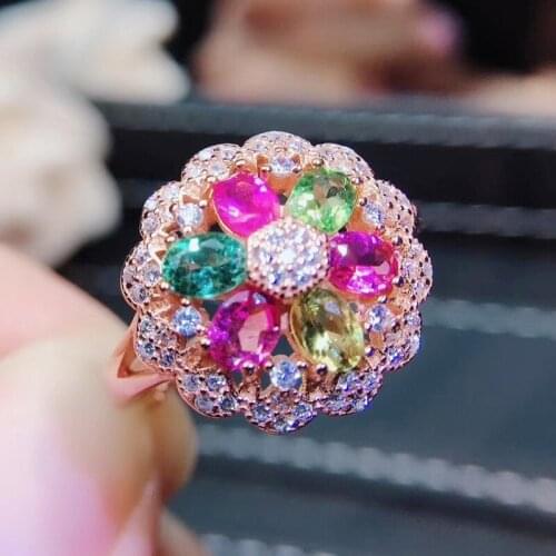Natural real colorful tourmaline flower ring Per jewelry 0.25ct*6pcs gemstone 925 sterling silver Fine jewelry J215412