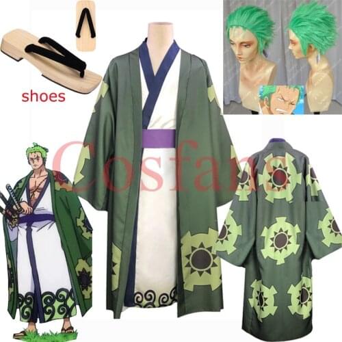 One Piece Roronoa Zoro Cosplay Costume Kimono Robe Full Suit ONE PIECE Slicked-back green wig Short Layer Roronoa Zoro Comic Wig