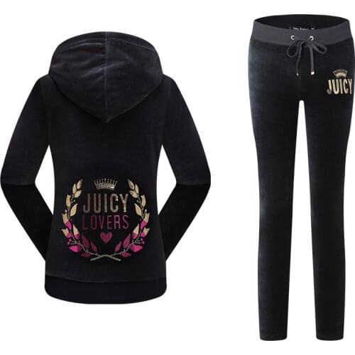 Juicy Lovers Brand Women Sporting Suits Set Wine Red Black Purple Velvet Casual Tracksuits Hooded Collar Spring Sportswear suit