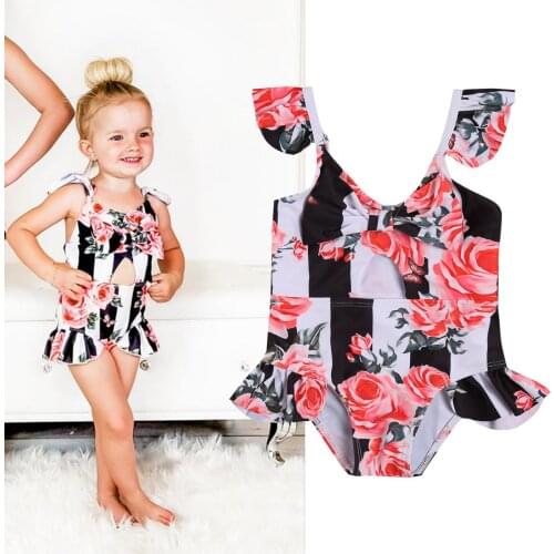 Pudcoco Toddler Girls Bodysuit Swimsuit, Sleeveless Flower Print Vertical Stripes Pattern Summer Clothing 6 Months to 4 Years