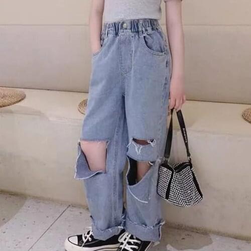 2021 Fashion Hole Jeans for Girls Teenage Children Jeans Elastic Waist Denim Wide Leg Pants Kids Trousers for Boys Kids Clothes