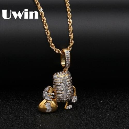 Uwin Microphone Holding US Money Bag Necklace Three Colors Iced CZ Cubic Zircon Pendant Fashion Charm Hiphop Jewelry For Men