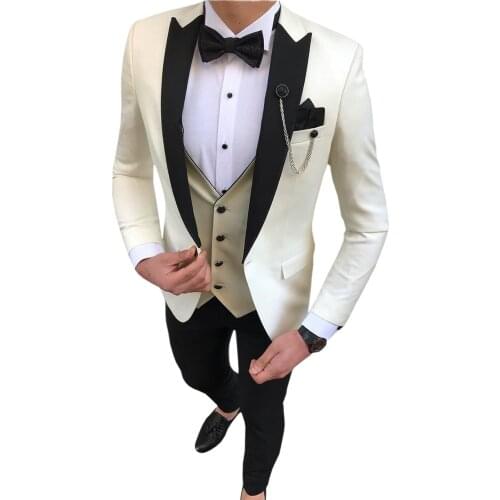 2020 Royal Blue Men Suit 3 Piece Slim Fit Casual Black Lapel Groomsmen Tuxedos Men Suits for Wedding (Jacket+Vest+Pants)