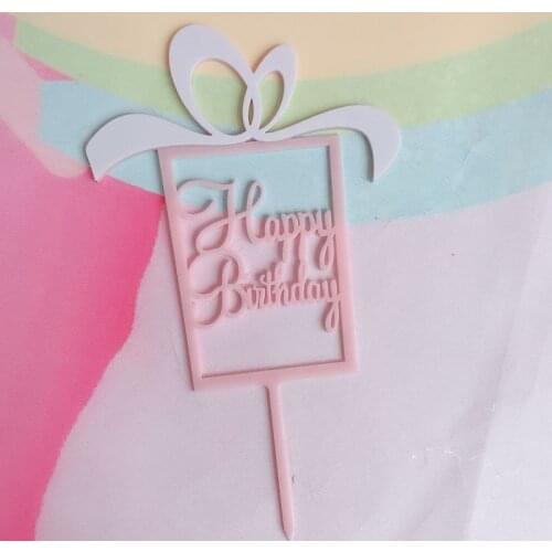 New Happy Birthday Acrylic Cake Topper Gold Blue Gift Box Cake Topper For Kids Girls Birthday Party Cake Decorations Baby Shower