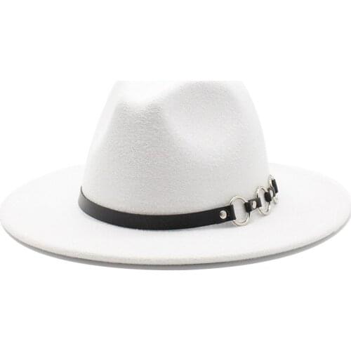Plain Men Women Wool Felt white black Fedora Trilby Hat with Belt and Metal Ring Flat Brim Jazz Party Formal Top Hat for Unisex