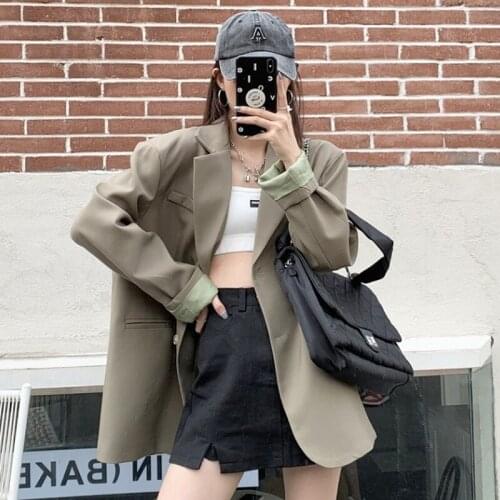 Vintage Loose Blazers Women Notched Collar Female Suits Autumn Single-breasted Long Sleeve Black Solid Outerwear Female C036