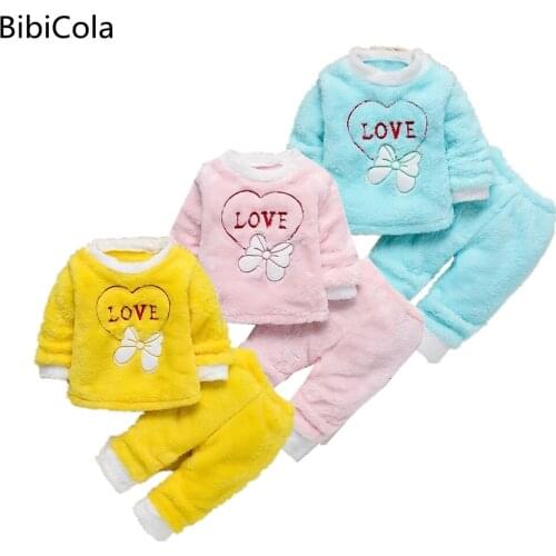 Baby Boy Girl Pajamas Set Coral fleece Tracksuit Toddler Kids Child Catoon Bow print Sleepwear Clothes Winter Fall Spring 1-5Y