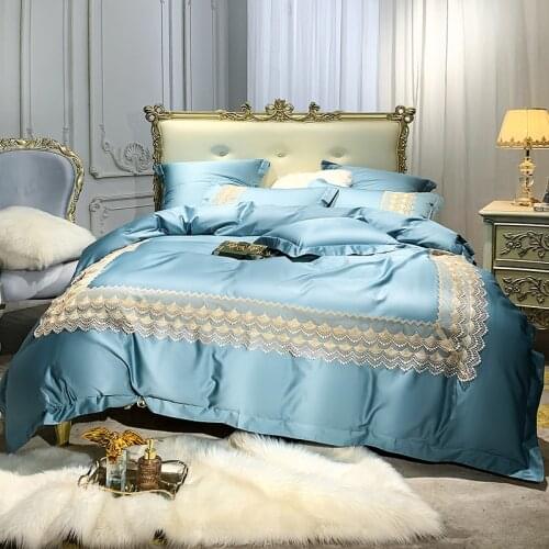 Luxury Blue 1000TC Egyptian Cotton Princess Wedding Lace Embroidery Bedding Set Satin Silky Duvet Cover Bed Linen Pillowcases
