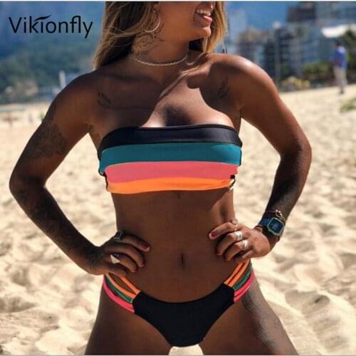 Vikionfly Sexy Bandeau Bikinin 2020 Women Swimsuit Printed Stripe Strapless Brazilian Swimwear Bikini Set Bandage Bathing Suit
