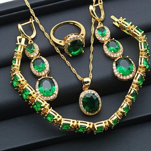 WPAITKYS Green Oval Cubic Zirconia Gold Color Jewelry Set For Women Jewelry Around The Neck Earrings Pendant Rinracelet Free Box