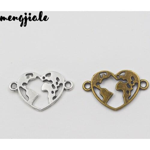 26pcs/lot Two Color Heart World Map Link Earth Charms Connector Jewelry Making DIY Handmade Craft DIY 24*15mm