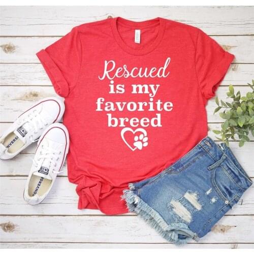 Rescued Is My Favorite Breed Dog Paw Mom Tshirt Short Sleeve Fashion Graphic Top Tees Casual Cotton O Neck Mama Mother Shirts