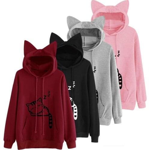 Hooded Sweatshirt Europe and America Loose Fleece Printed Cat Hooded Sweater Womens Sweatshirt Womens Hoodie
