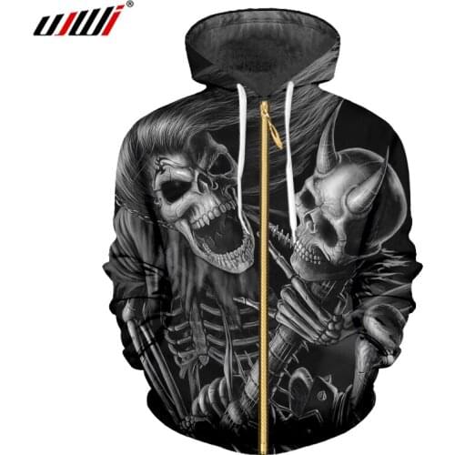 UJWI Mens Hip Hop Street Clothing 3D Printed Long Hair And Angle Skull Man Black White Zip Hoodies Big Size 5XL