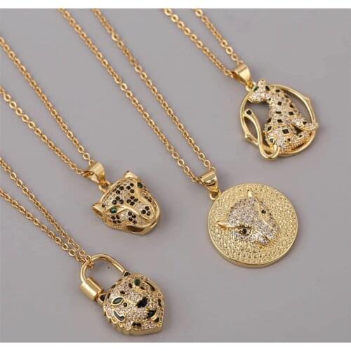 High Quality Cubic Zirconia Copper Metal Animal Leopard Pendants Necklaces For Women Fashion Stainless Steel Chain Gold Necklace