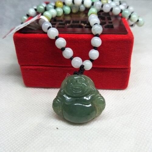 Zhe Ru Jewelry Pure Natural Jadeite Dark Green Laughing Buddha Pendant Tri-Color Bead Necklace Send Class A Certificate