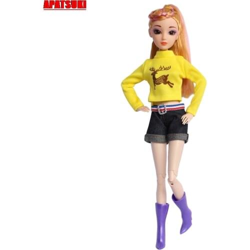 Yellow Long Sleeve Top + Short Jeans Pants Outfits Clothes for Barbie Doll Clothes for 1/6 BJD Dolls Elk Print Shirt Clothes Toy