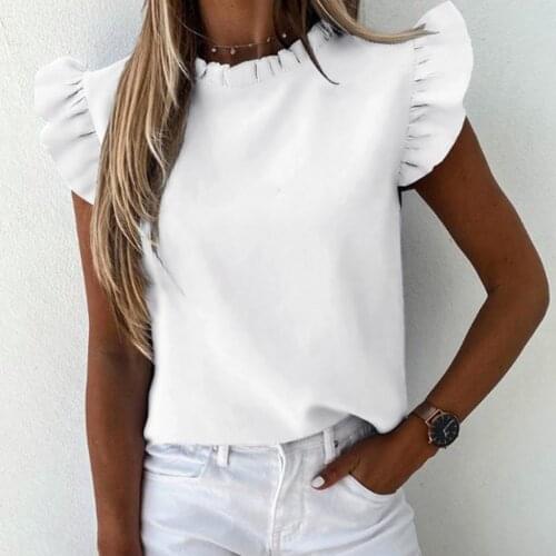 Womens Ruffles T-Shirt Solid Color Short Sleeve Slim T Shirts Ladies Daily Casual Plus Size Summer Tee Tops женские футболки
