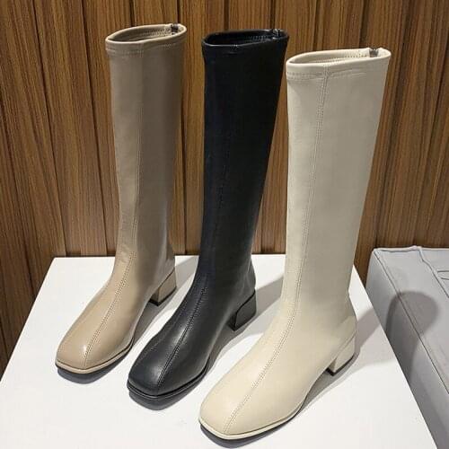 2021 Women Fashion Zippers Knee High Boots Winter Soft Leather Brown Crotch High Boots Square Toe Beige Booties Valentine Shoes